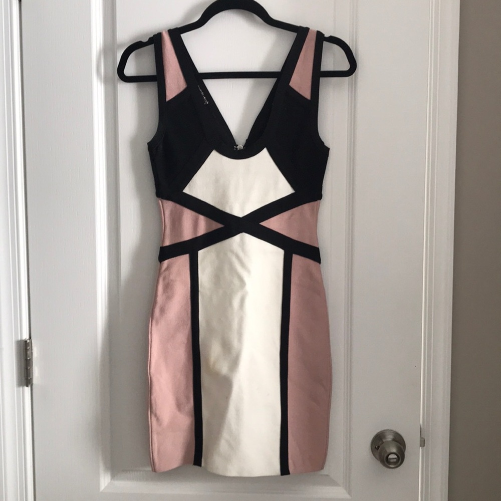 Bebe Black, Blush, and White bandage dress
